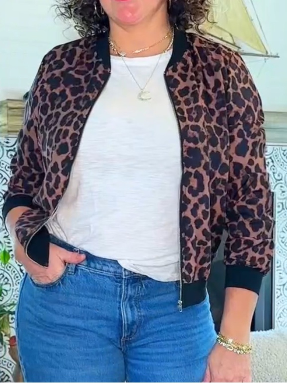 Leopard Print Bomber Jacket - Brown/Black Accent